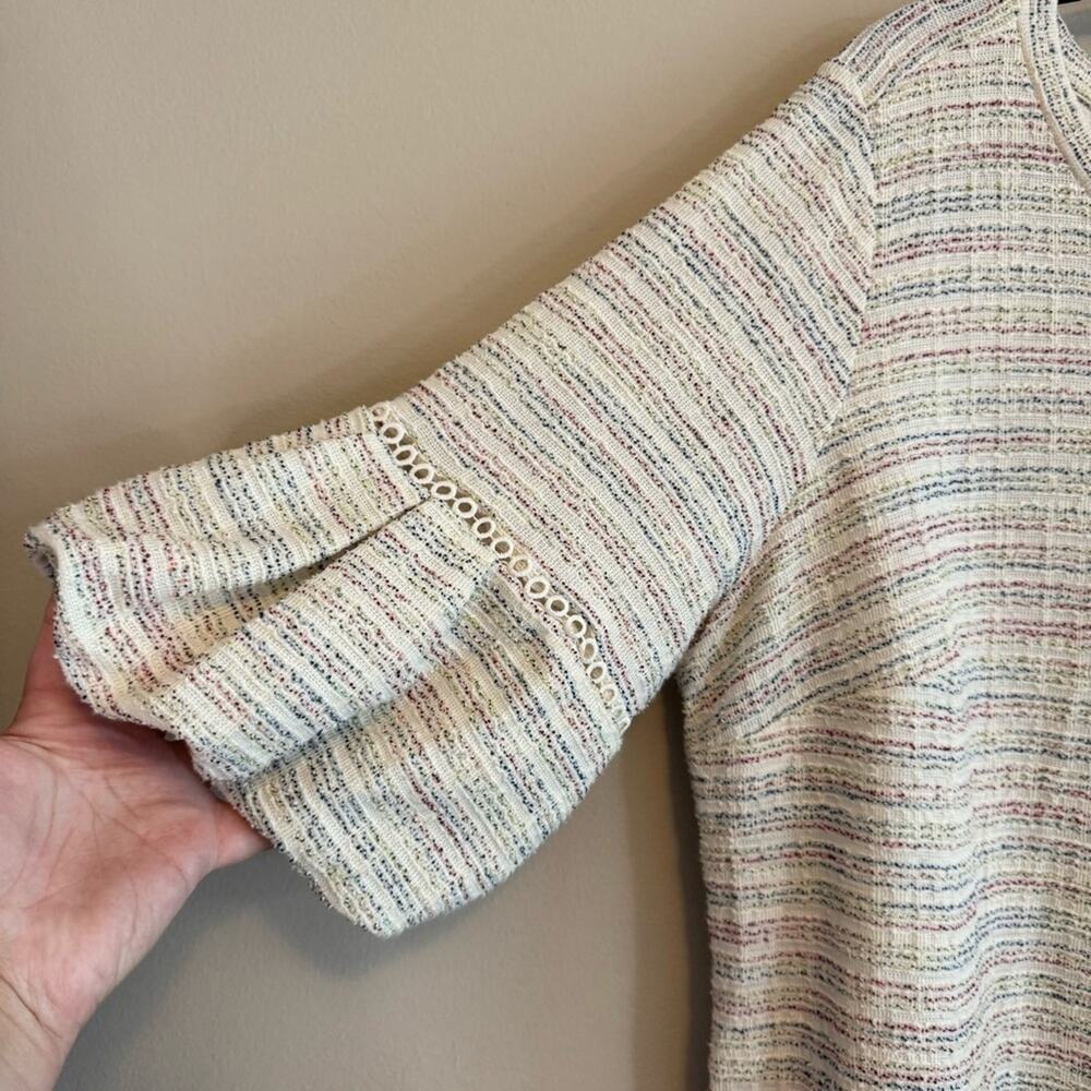 Loft Women's Cream Striped Bubble Sleeve Pocketed Shift Mini Dress Size 16/18 - Picture 2 of 9
